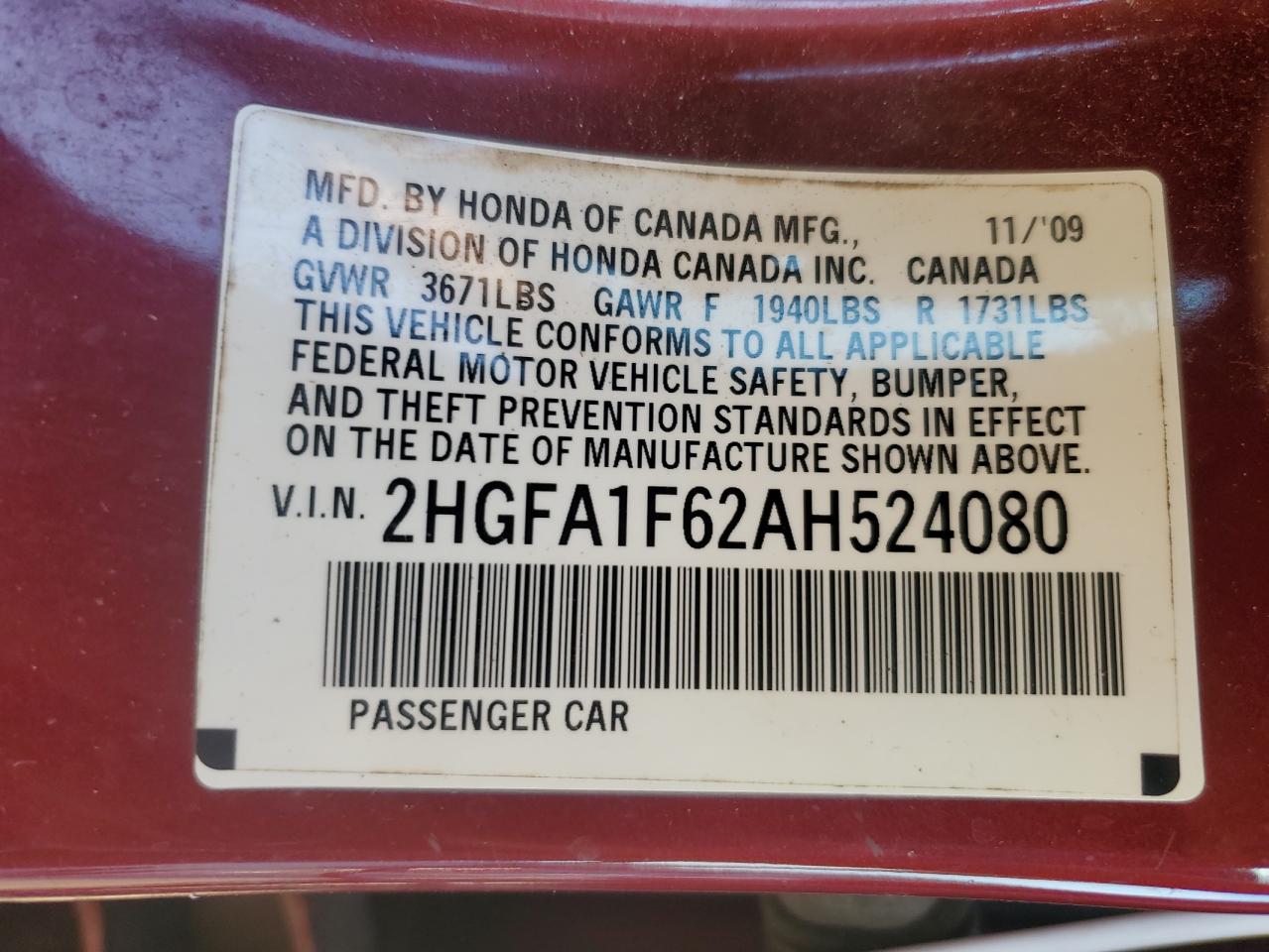2010 Honda Civic VIN 2HGFA1F62AH524080 Copart auction photo, side damage thumbnail 14