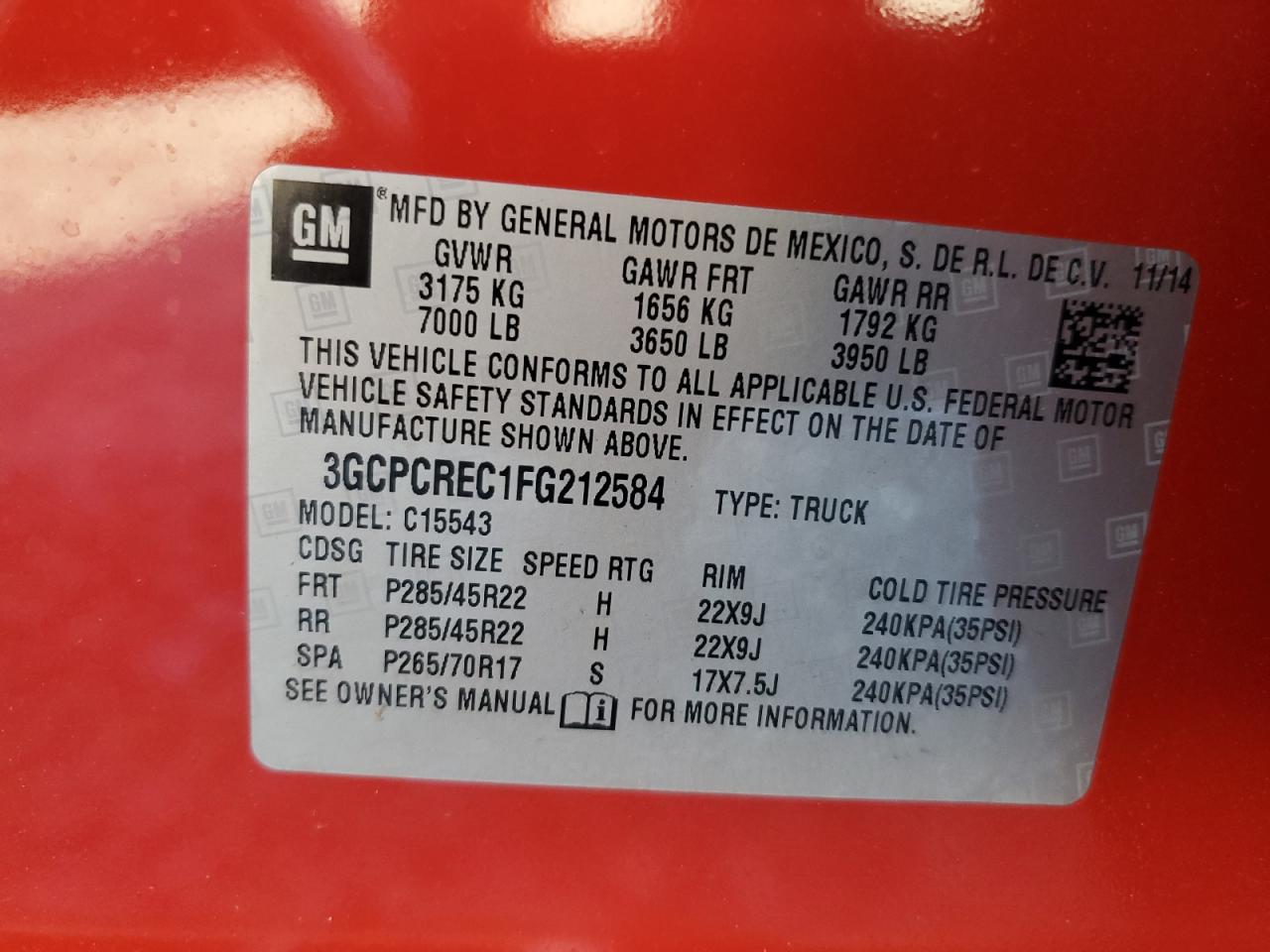 2015 Chevrolet Silverado VIN 3GCPCREC1FG212584 Copart auction photo, front end damage thumbnail 12