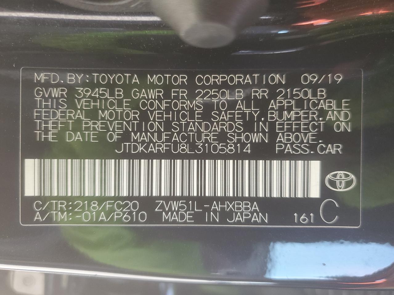 2020 Toyota Prius VIN JTDKARFU8L3105814 Copart auction photo, front end / side damage thumbnail 14