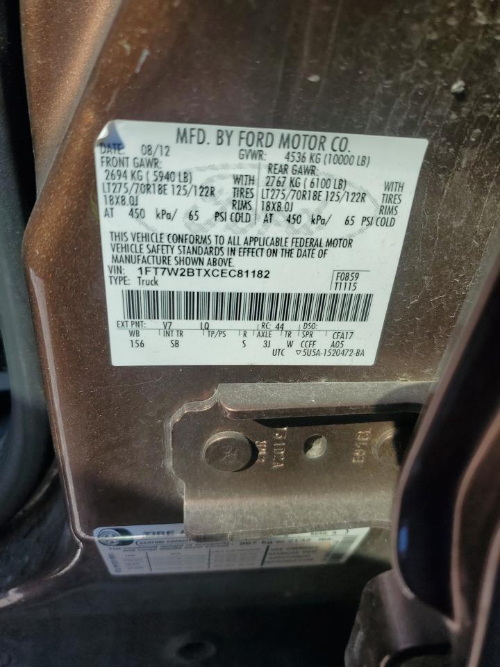 2012 Ford F250 VIN 1FT7W2BTXCEC81182 Copart auction photo, front end / side damage thumbnail 12