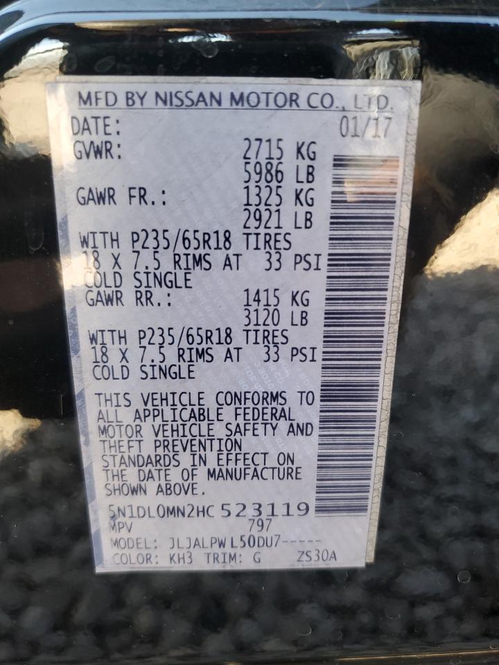 2017 Infiniti QX60 VIN 5N1DL0MN2HC523119 Copart auction photo, front end / rear end damage thumbnail 12