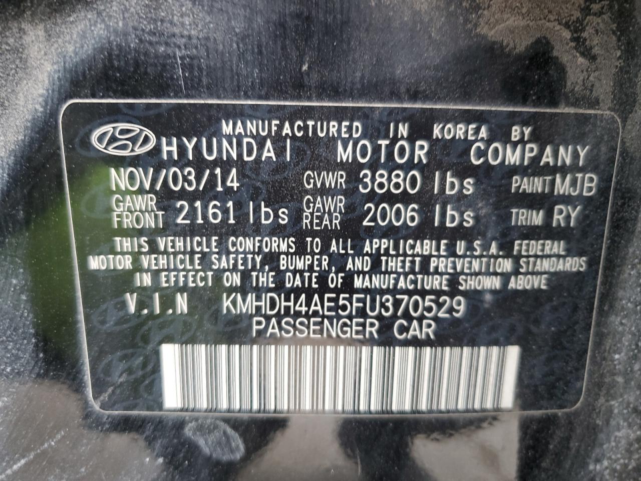 2015 Hyundai Elantra VIN KMHDH4AE5FU370529 Copart auction photo, side / front end damage thumbnail 12