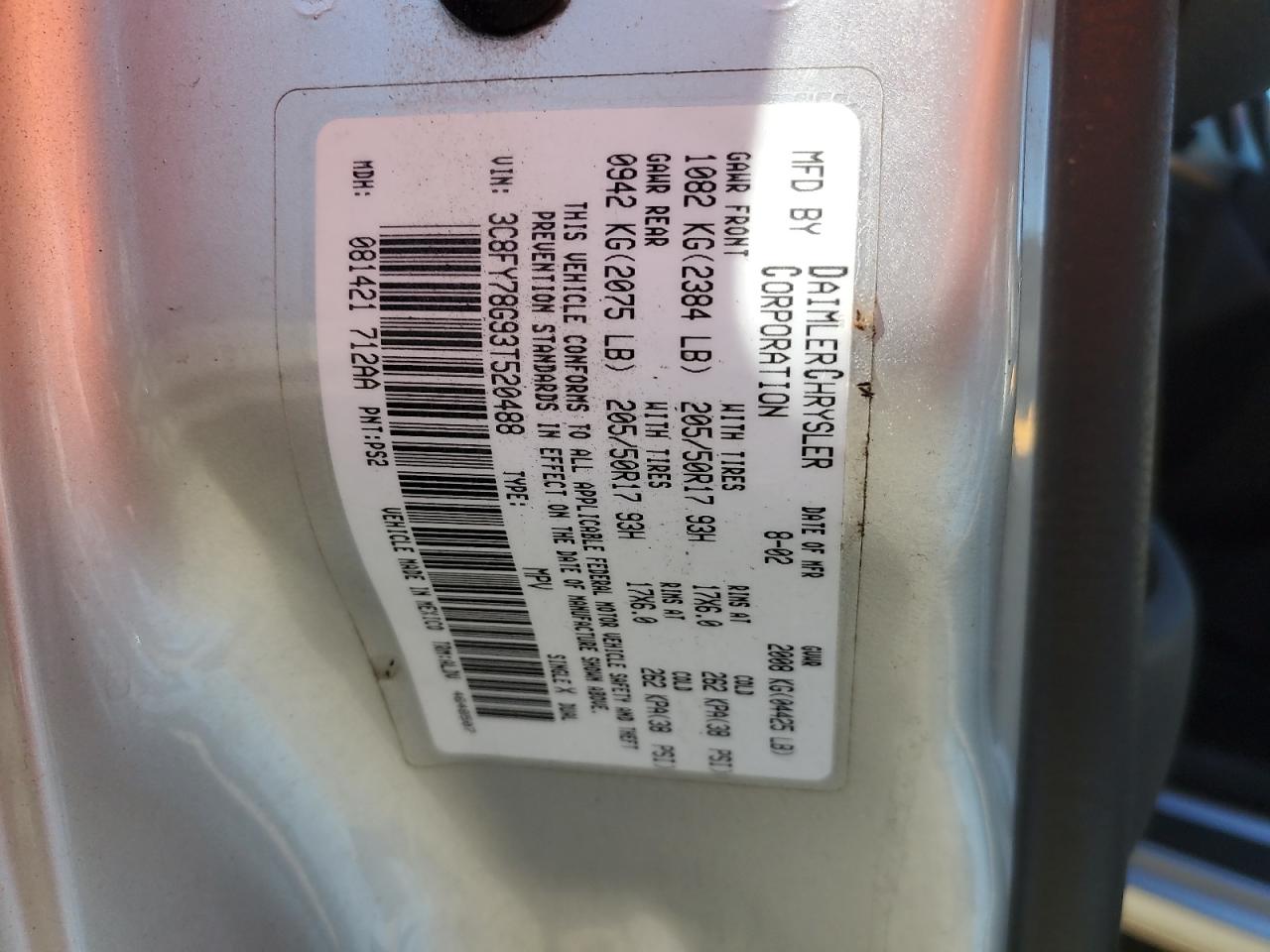 2003 Chrysler PT Cruiser VIN 3C8FY78G93T520488 Copart auction photo, front end damage thumbnail 13
