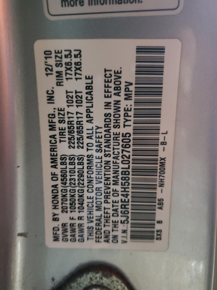 2011 Honda CR-V VIN 5J6RE4H58BL027605 Copart auction photo, front end damage thumbnail 12