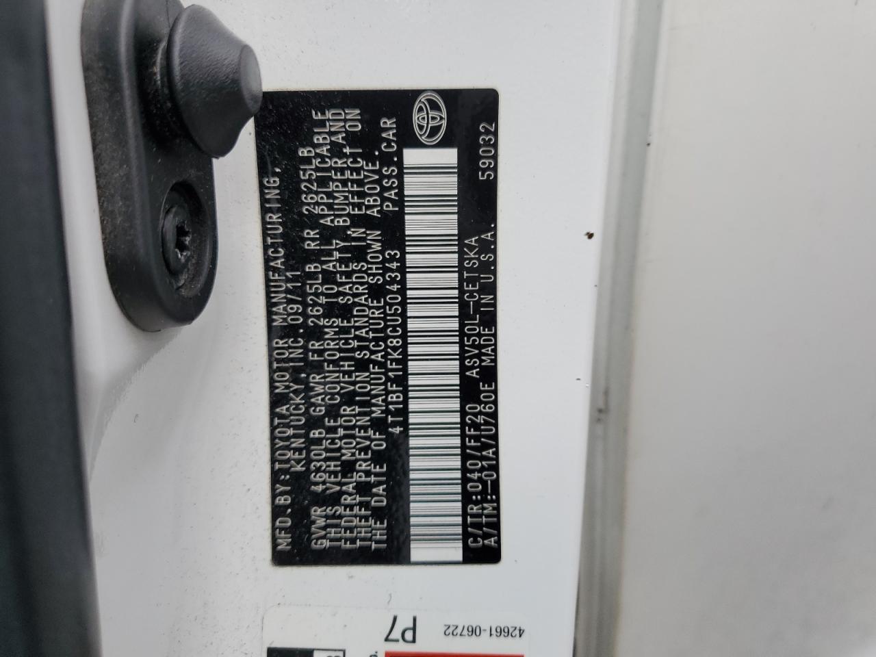 2012 Toyota Camry VIN 4T1BF1FK8CU504343 Copart auction photo, front end damage thumbnail 12