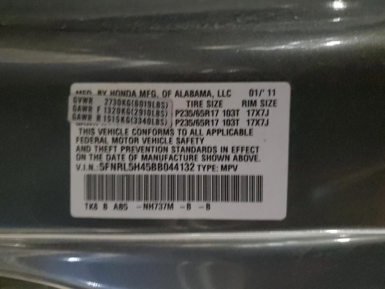 2011 Honda Odyssey VIN 5FNRL5H45BB044132 Copart auction photo, all over / undercarriage damage thumbnail 15
