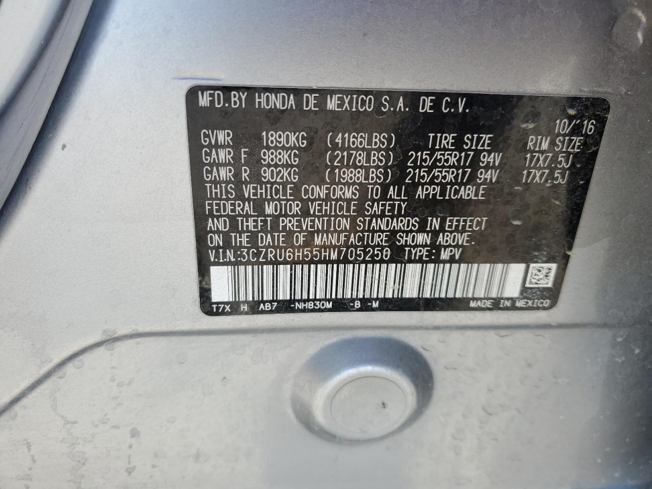 2017 Honda HR-V VIN 3CZRU6H55HM705250 Copart auction photo, front end damage thumbnail 15