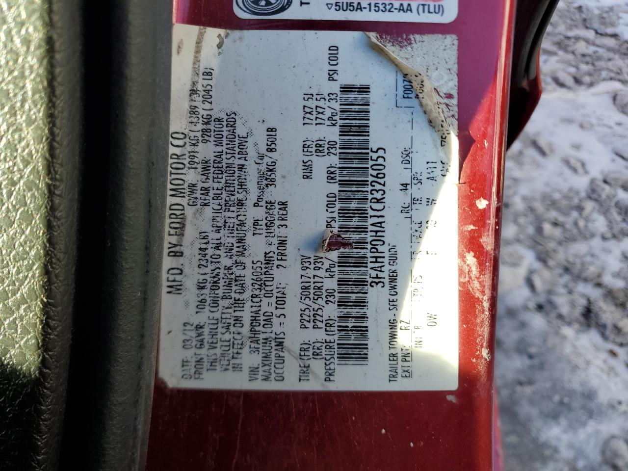 2012 Ford Fusion VIN 3FAHP0HA1CR326055 Copart auction photo, minor dent/scratches damage thumbnail 12
