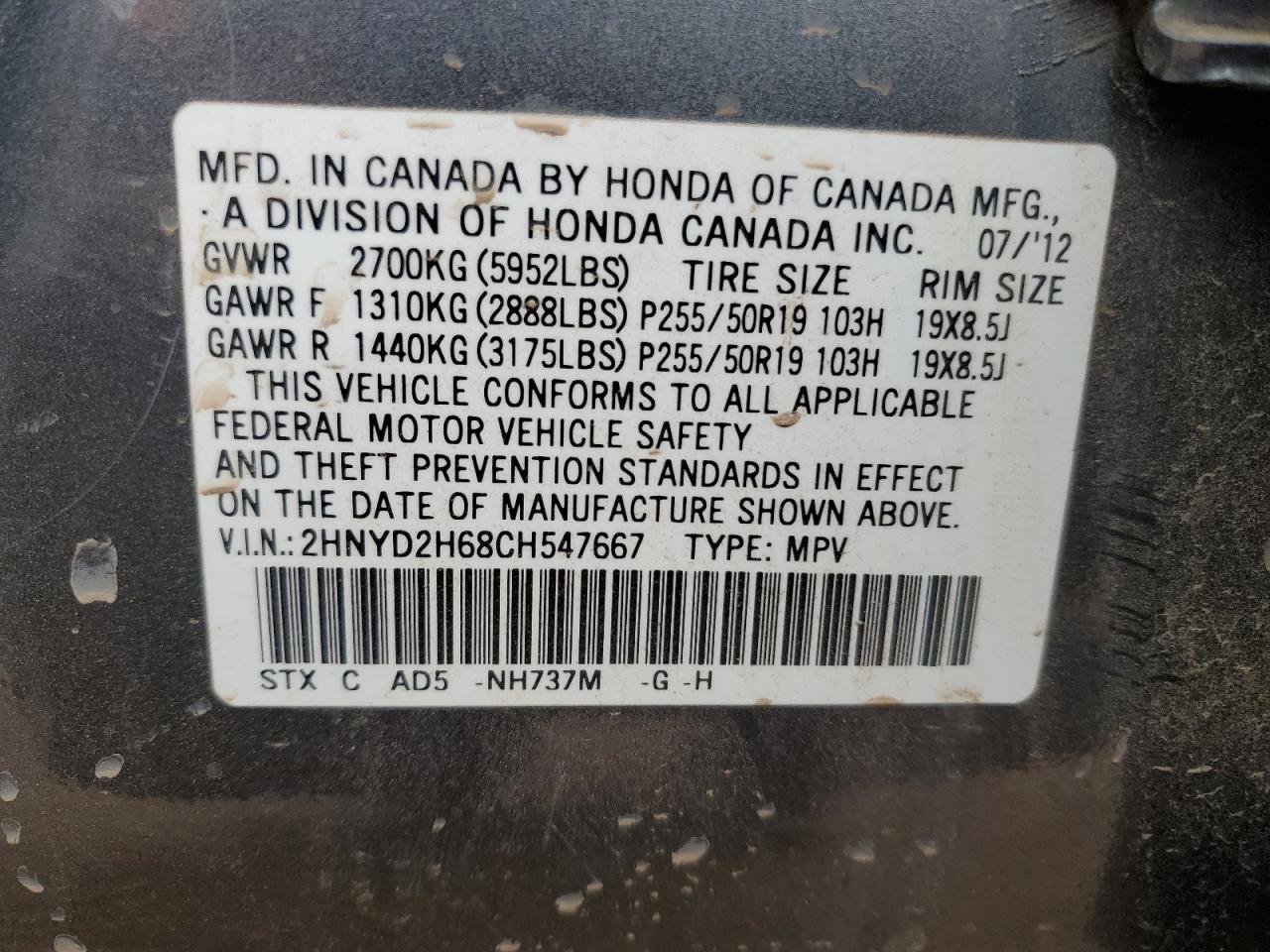 2012 Acura MDX VIN 2HNYD2H68CH547667 Copart auction photo, front end damage thumbnail 13