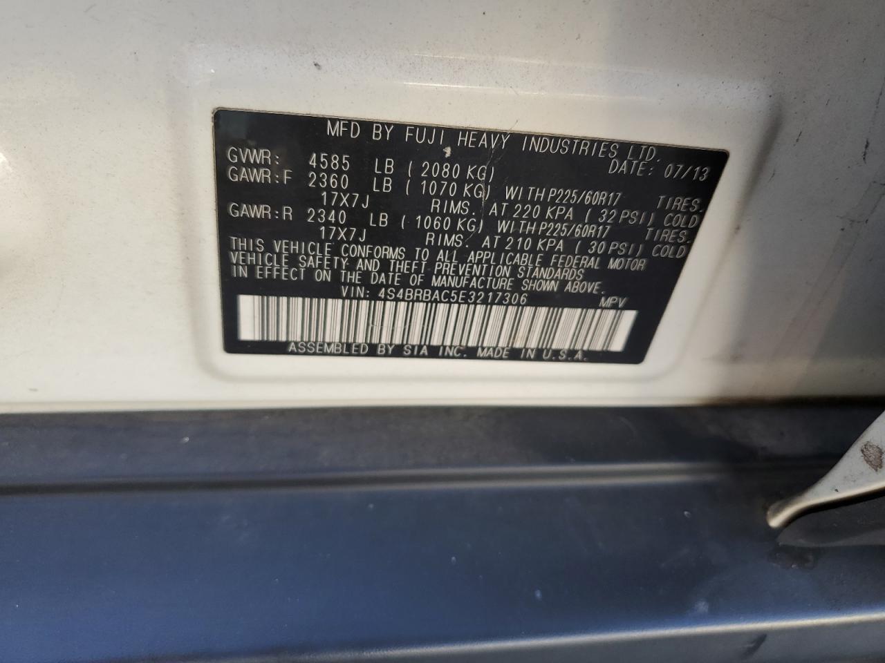 2014 Subaru Outback VIN 4S4BRBAC5E3217306 Copart auction photo, side / rear end damage thumbnail 12