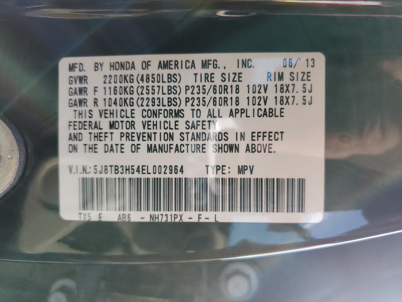 2014 Acura RDX VIN 5J8TB3H54EL002964 Copart auction photo, all over damage thumbnail 15
