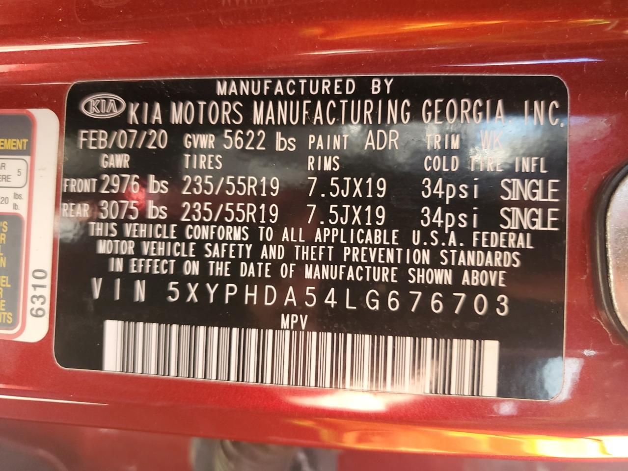 2020 KIA Sorento VIN 5XYPHDA54LG676703 Copart auction photo, front end / minor dent/scratches damage thumbnail 14