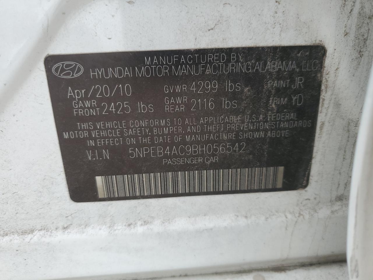 2011 Hyundai Sonata VIN 5NPEB4AC9BH056542 Copart auction photo, side damage thumbnail 14