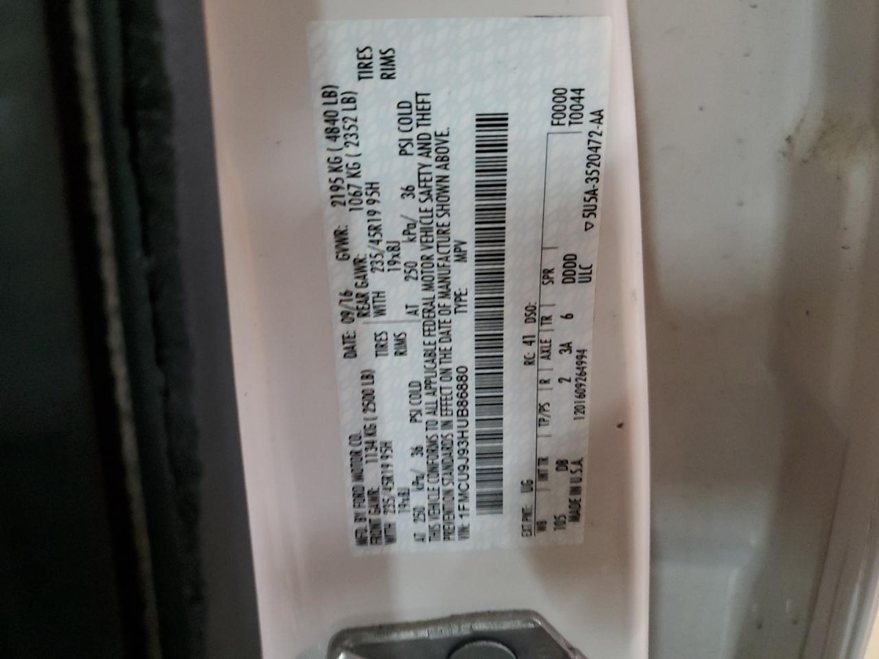 2017 Ford Escape VIN 1FMCU9J93HUB86880 Copart auction photo, front end / side damage thumbnail 13