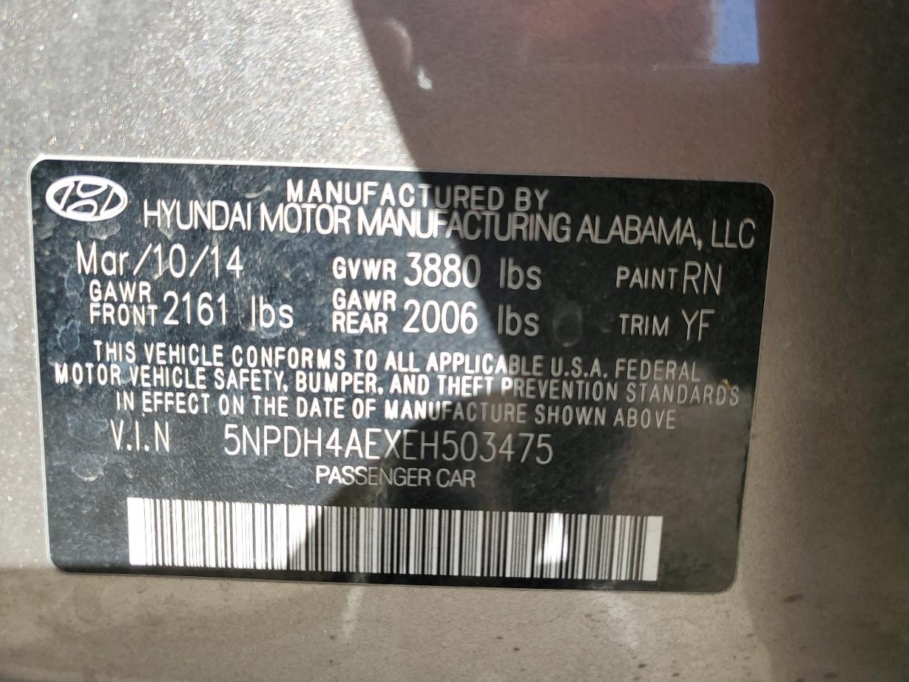 2014 Hyundai Elantra VIN 5NPDH4AEXEH503475 Copart auction photo, front end damage thumbnail 12