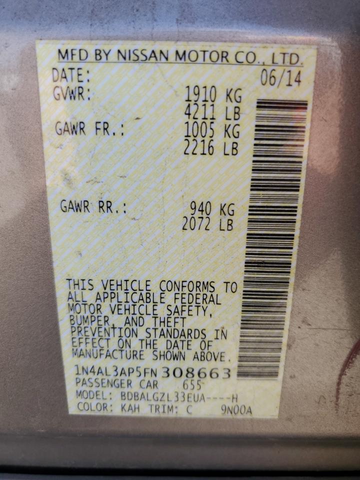 2015 Nissan Altima VIN 1N4AL3AP5FN308663 Copart auction photo, rear end damage thumbnail 14