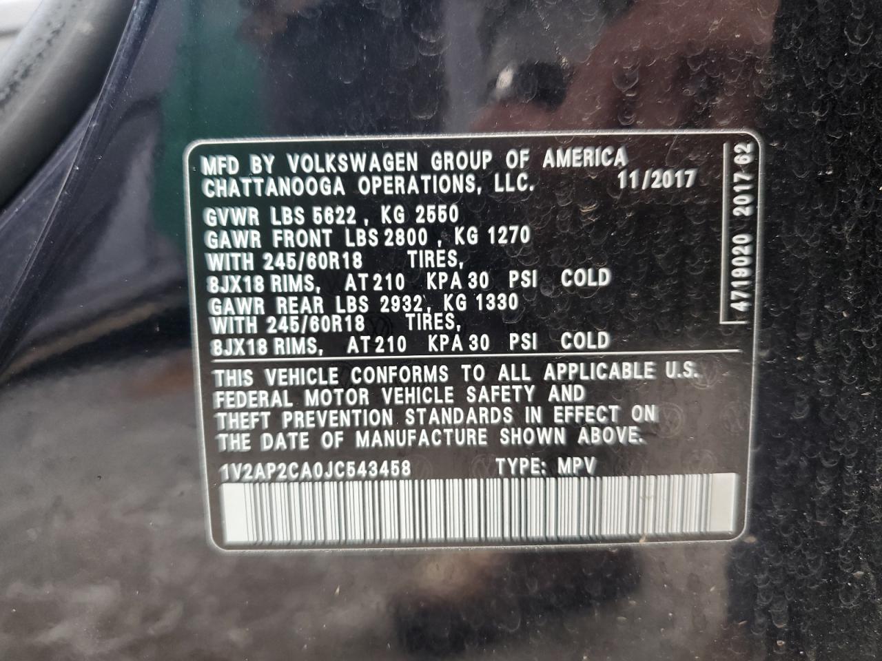 2018 Volkswagen Atlas VIN 1V2AP2CA0JC543458 Copart auction photo, front end / minor dent/scratches damage thumbnail 13