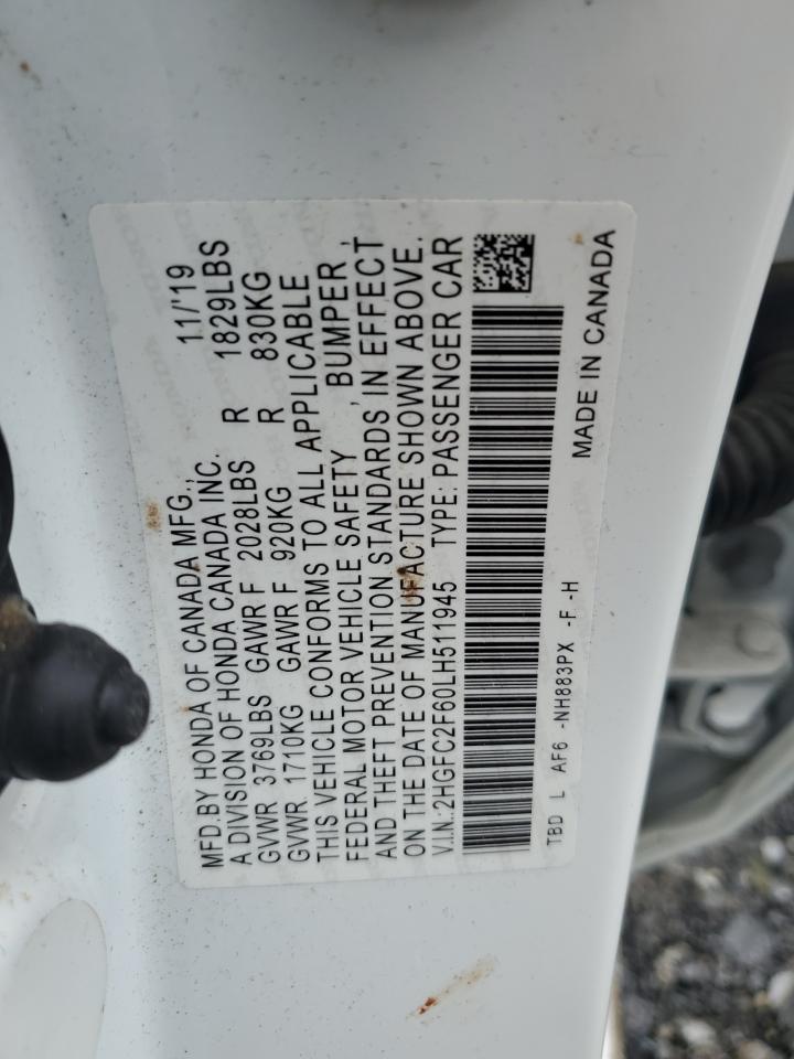 2020 Honda Civic VIN 2HGFC2F60LH511945 Copart auction photo, front end damage thumbnail 14
