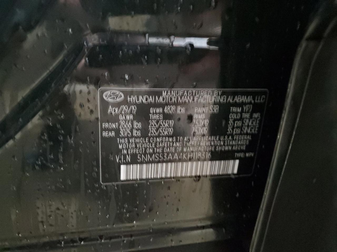 2019 Hyundai Santa Fe VIN 5NMS53AA4KH118316 Copart auction photo, front end / rear end damage thumbnail 14