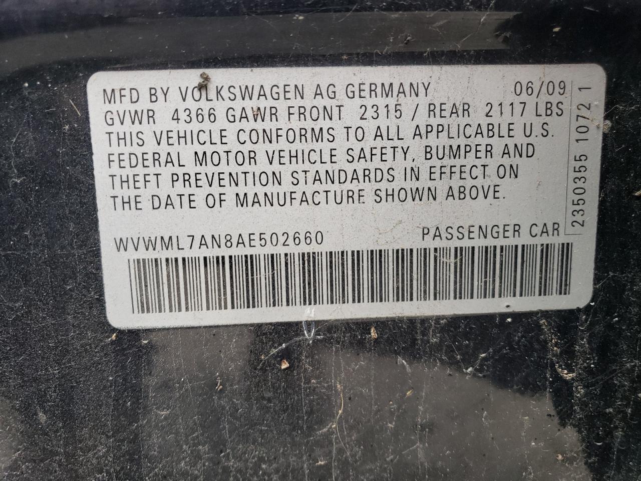2010 Volkswagen Passat CC VIN WVWML7AN8AE502660 Copart auction photo, front end damage thumbnail 12
