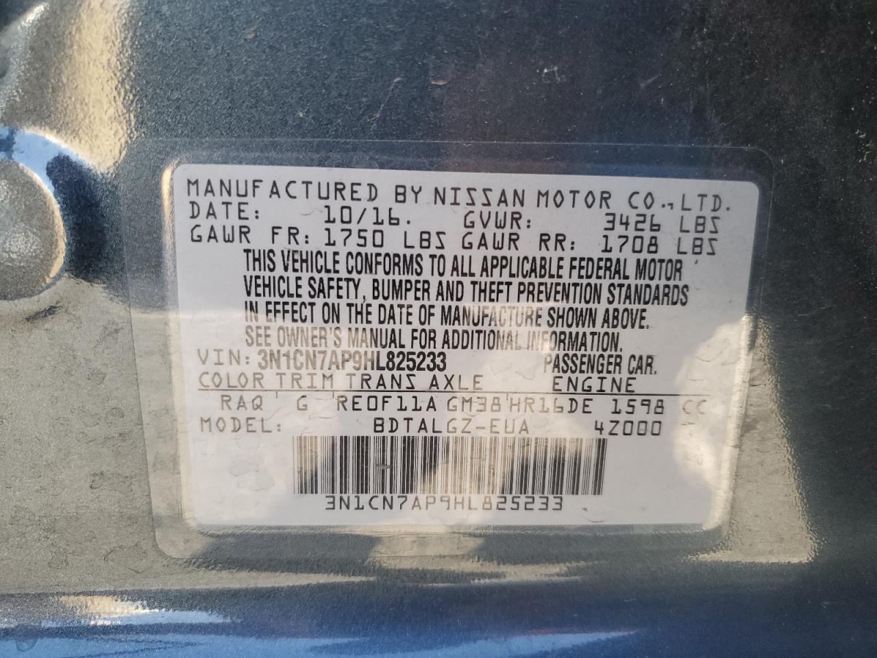 2017 Nissan Versa VIN 3N1CN7AP9HL825233 Copart auction photo, front end damage thumbnail 14