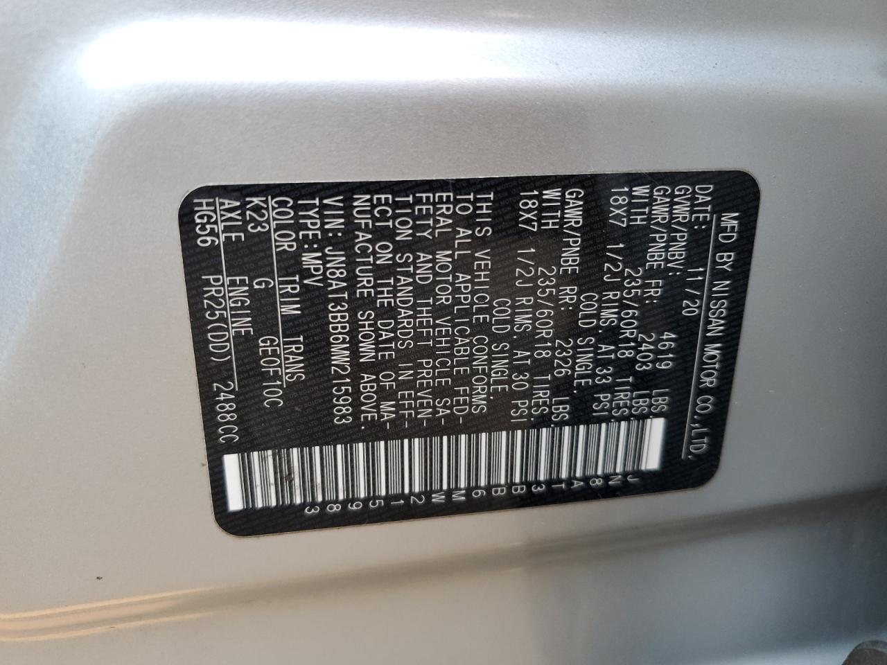 2021 Nissan Rogue VIN JN8AT3BB6MW215983 Copart auction photo, hail damage thumbnail 15