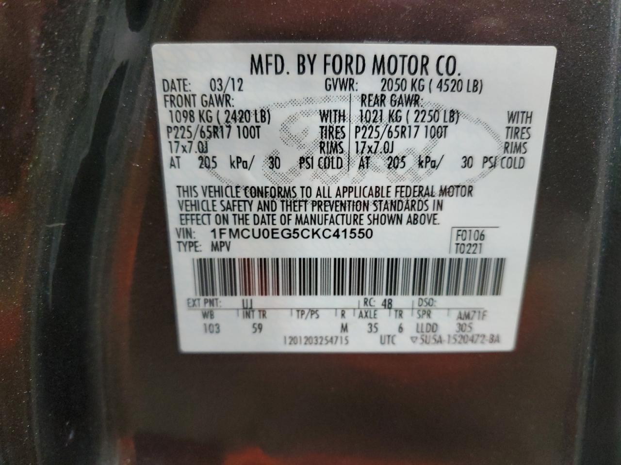 2012 Ford Escape VIN 1FMCU0EG5CKC41550 Copart auction photo, front end damage thumbnail 14