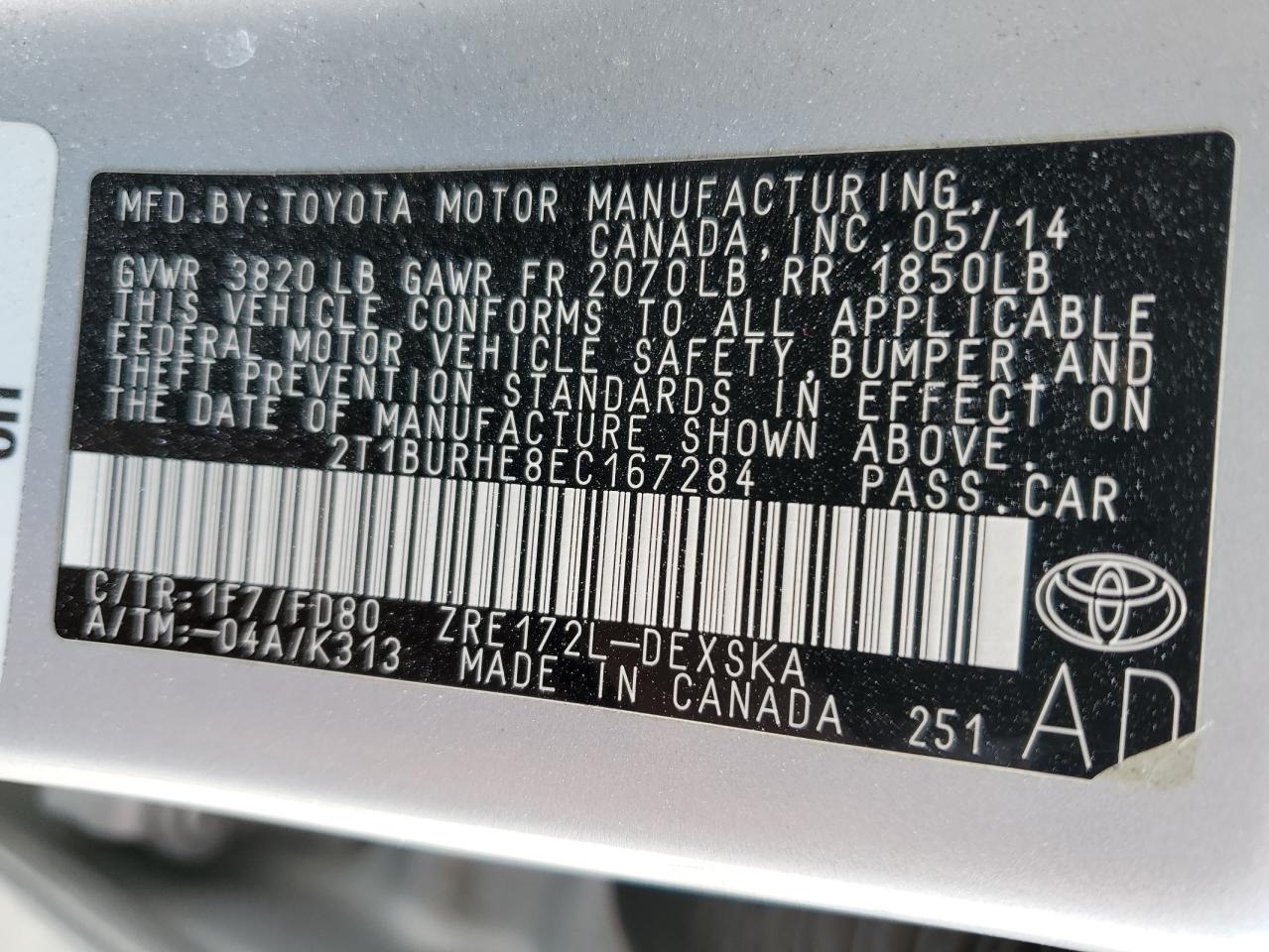 2014 Toyota Corolla VIN 2T1BURHE8EC167284 Copart auction photo, rear end damage thumbnail 15