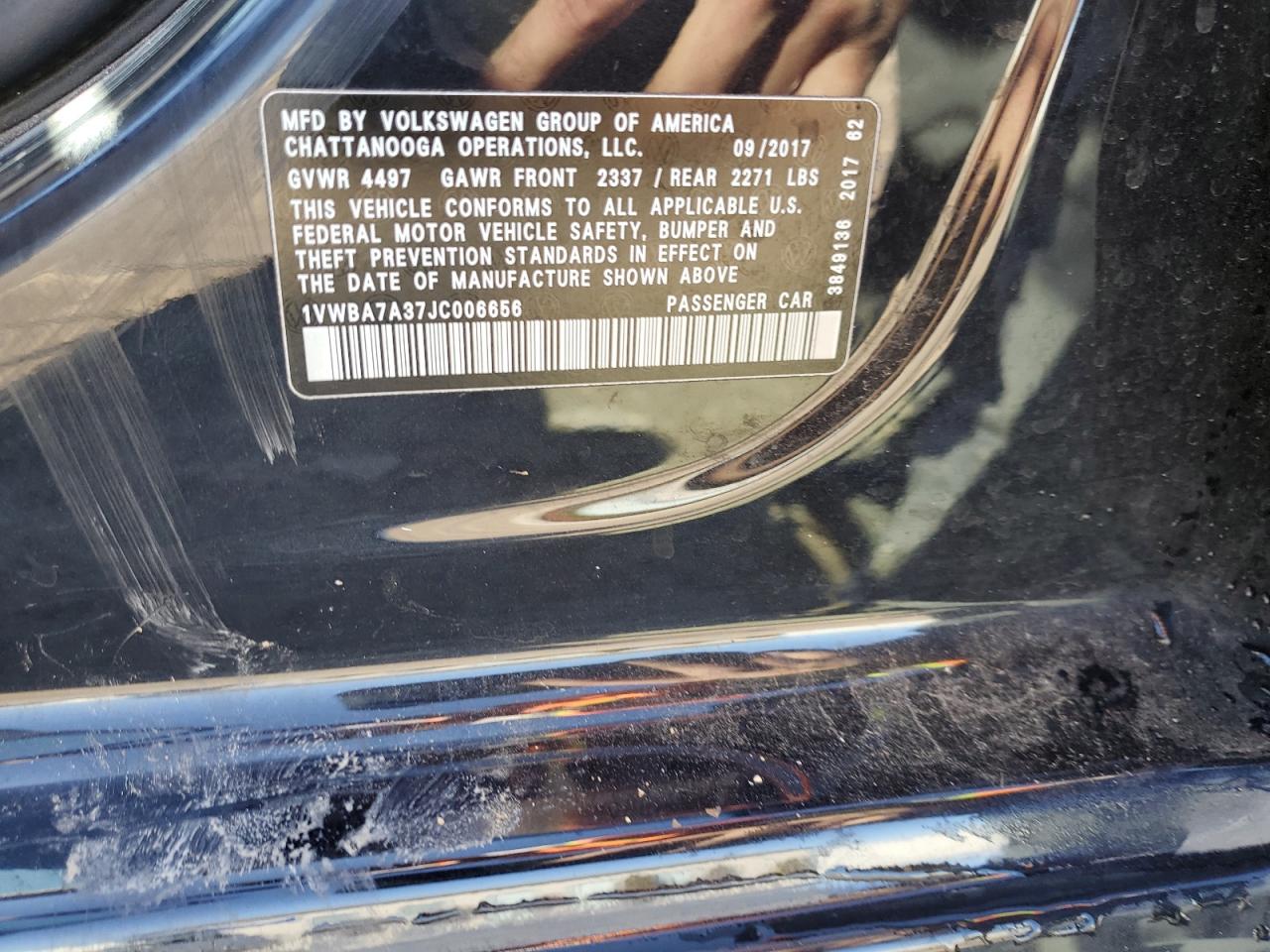 2018 Volkswagen Passat VIN 1VWBA7A37JC006656 Copart auction photo, rear end damage thumbnail 13