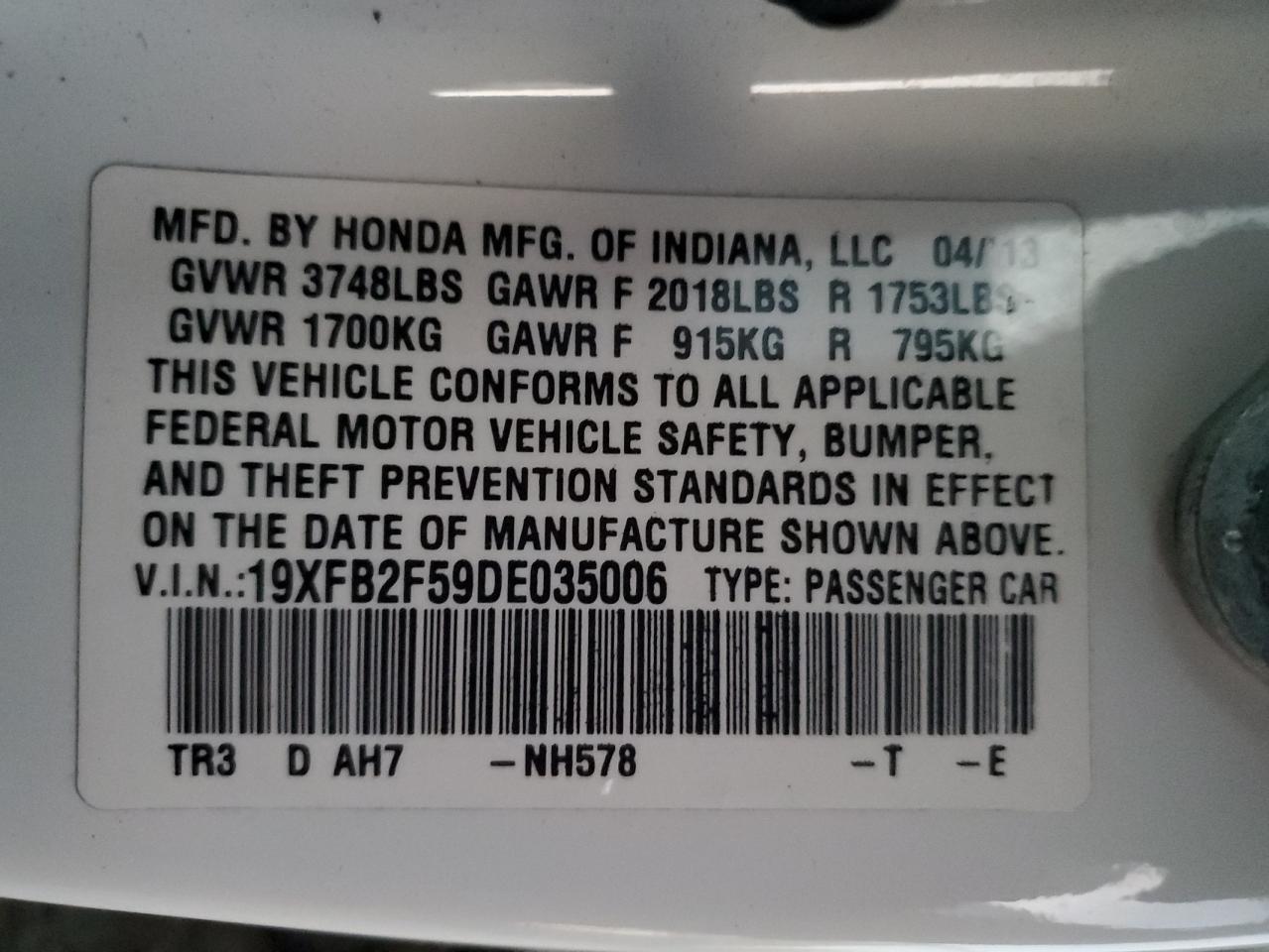 2013 Honda Civic VIN 19XFB2F59DE035006 Copart auction photo, front end damage thumbnail 12