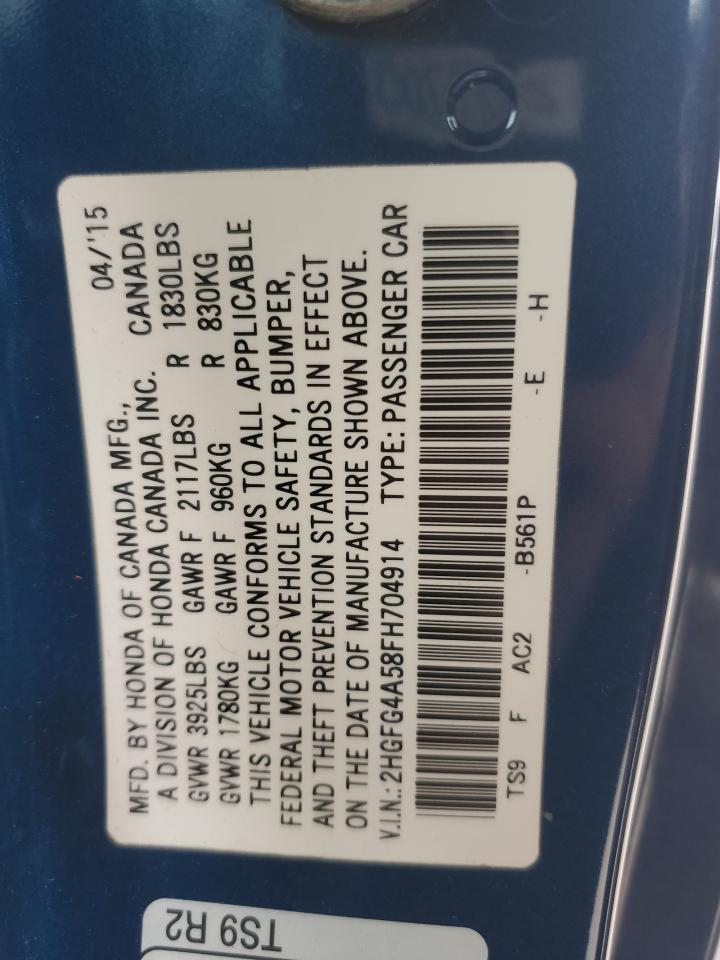2015 Honda Civic VIN 2HGFG4A58FH704914 Copart auction photo, front end damage thumbnail 14