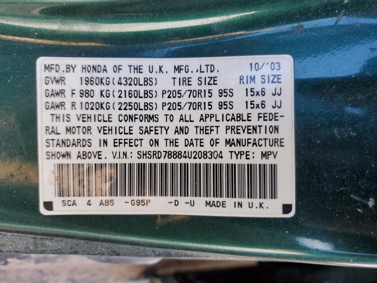 2004 Honda CR-V VIN SHSRD78884U208304 Copart auction photo, mechanical / minor dent/scratches damage thumbnail 13