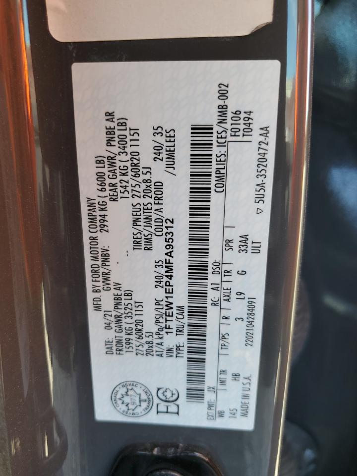 2021 Ford F-150 VIN 1FTEW1EP4MFA95312 Copart auction photo, front end damage thumbnail 14