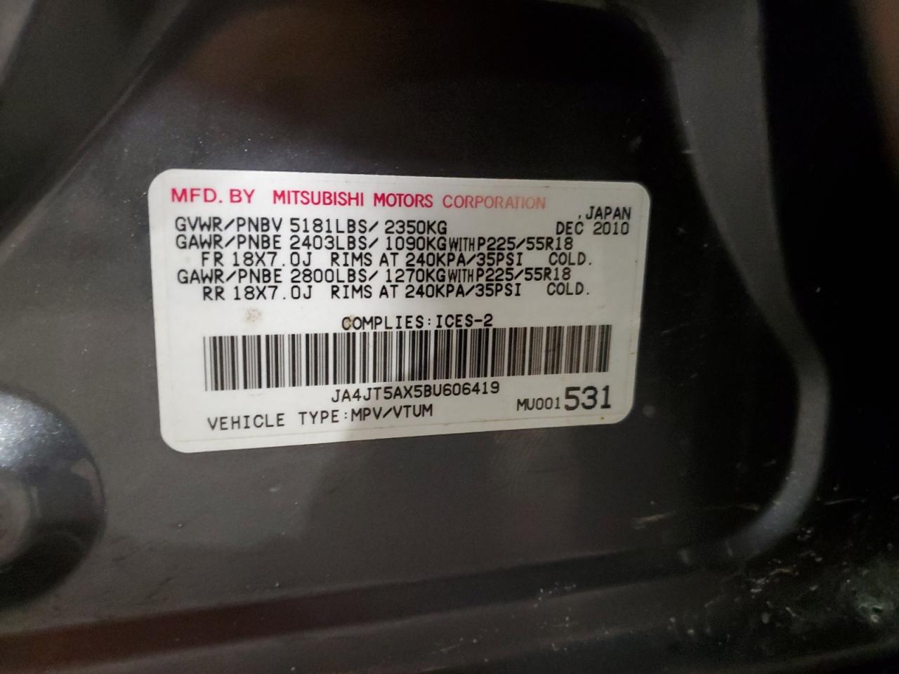 2011 Mitsubishi Outlander VIN JA4JT5AX5BU606419 Copart auction photo, front end damage thumbnail 12