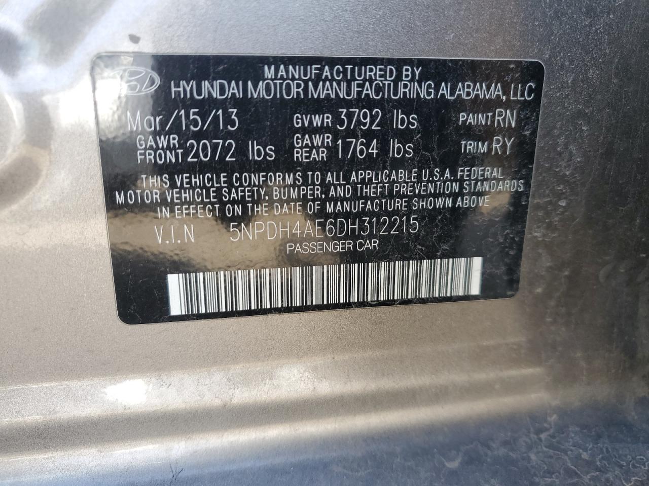 2013 Hyundai Elantra VIN 5NPDH4AE6DH312215 Copart auction photo, front end / side damage thumbnail 12