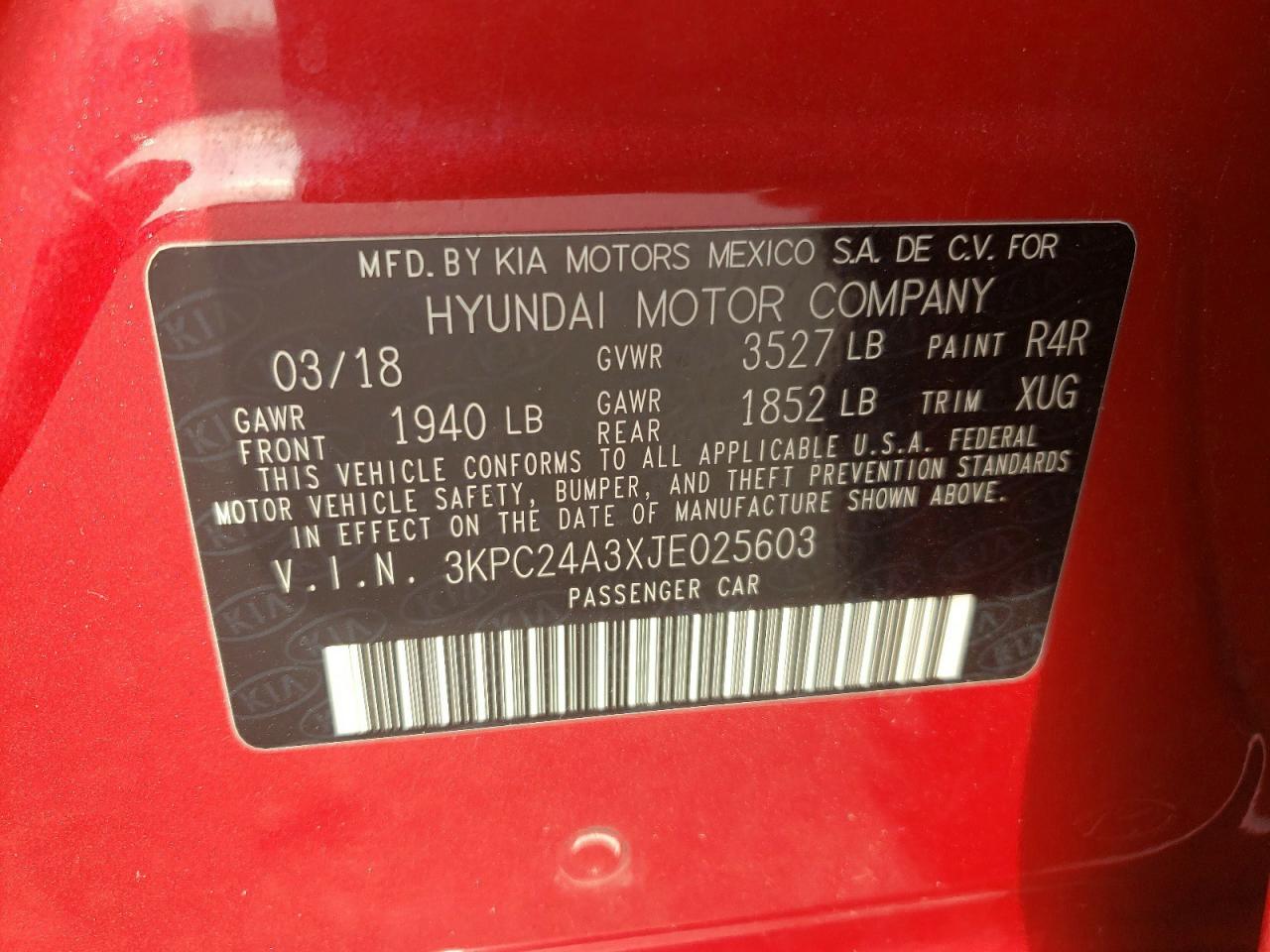 2018 Hyundai Accent VIN 3KPC24A3XJE025603 Copart auction photo, front end damage thumbnail 12