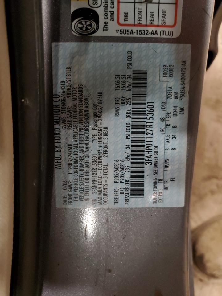 2007 Ford Fusion VIN 3FAHP01127R153601 Copart auction photo, front end / side damage thumbnail 12