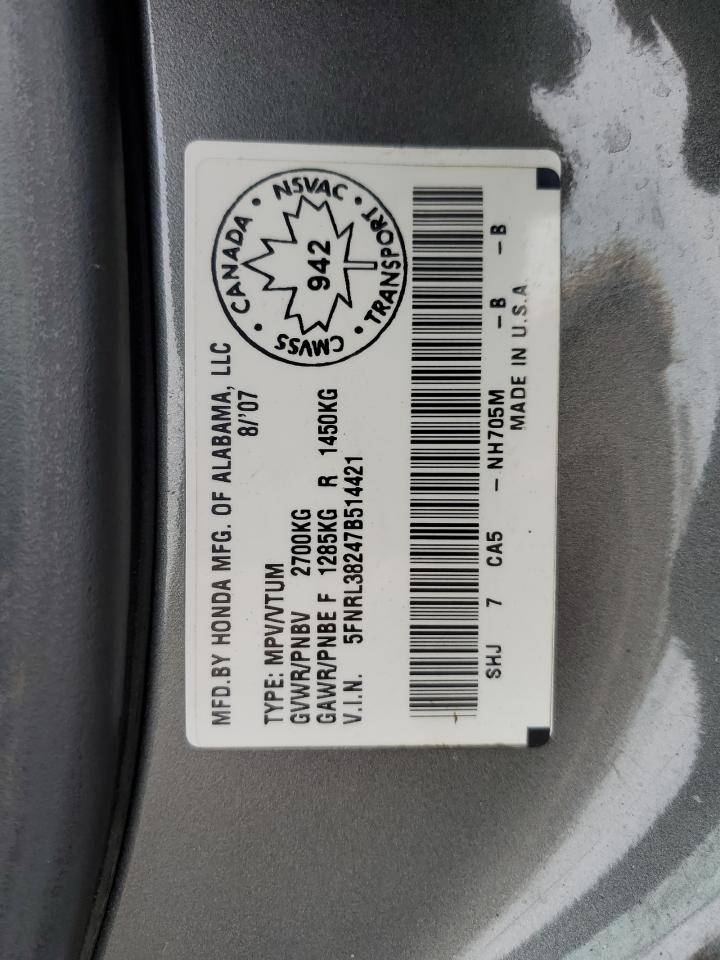 2007 Honda Odyssey VIN 5FNRL38247B514421 Copart auction photo, rear end damage thumbnail 14
