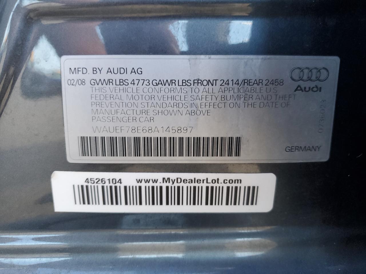 2008 Audi A4 VIN WAUEF78E68A145897 Copart auction photo, side damage thumbnail 12
