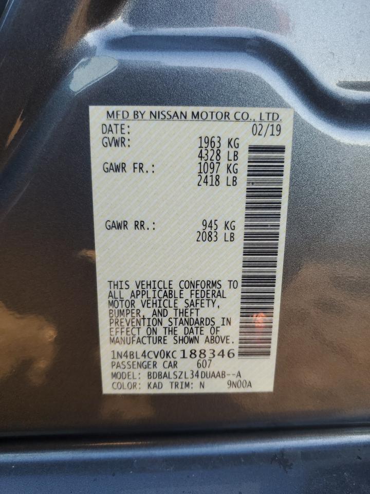2019 Nissan Altima VIN 1N4BL4CV0KC188346 Copart auction photo, front end / minor dent/scratches damage thumbnail 12