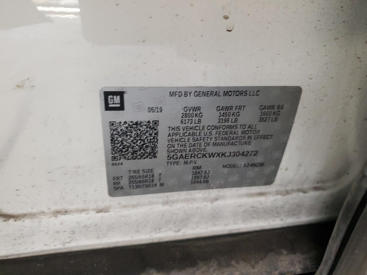 2019 Buick Enclave VIN 5GAERCKWXKJ304272 Copart auction photo, front end / minor dent/scratches damage thumbnail 15