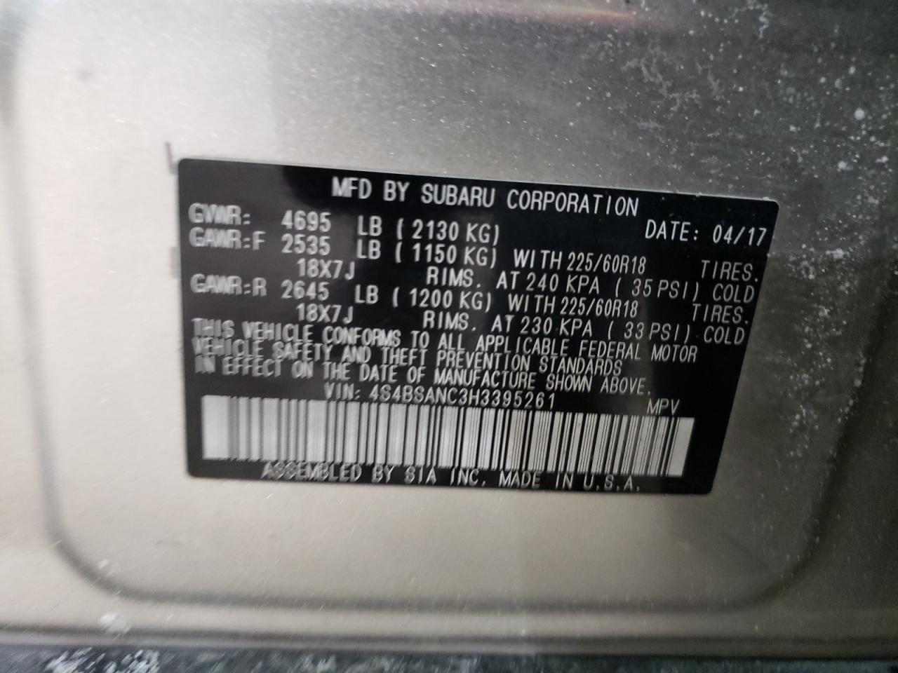 2017 Subaru Outback VIN 4S4BSANC3H3395261 Copart auction photo, front end damage thumbnail 13