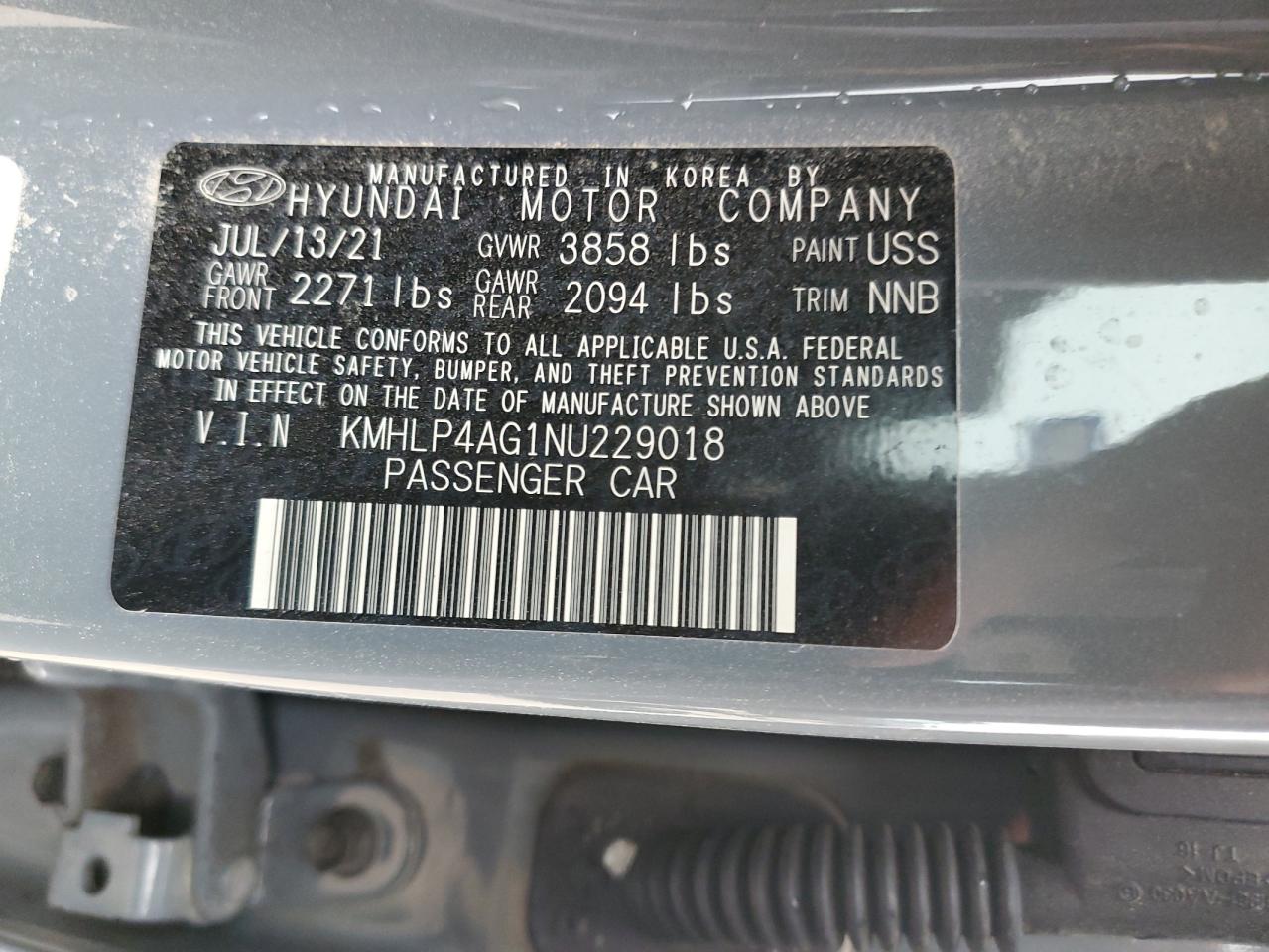 2022 Hyundai Elantra VIN KMHLP4AG1NU229018 Copart auction photo, front end / side damage thumbnail 14