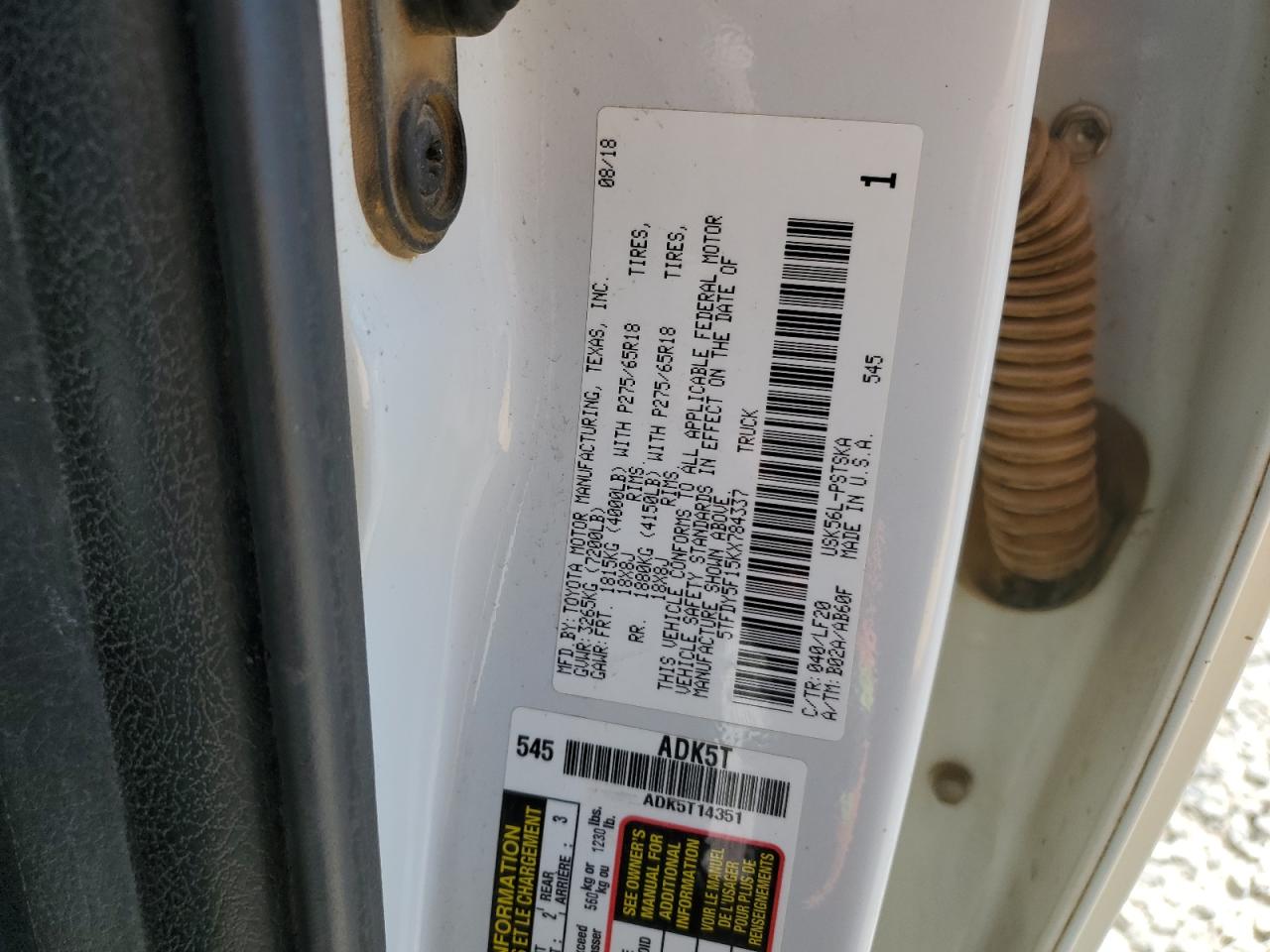 2019 Toyota Tundra VIN 5TFDY5F15KX784337 Copart auction photo, rear end / undercarriage damage thumbnail 12