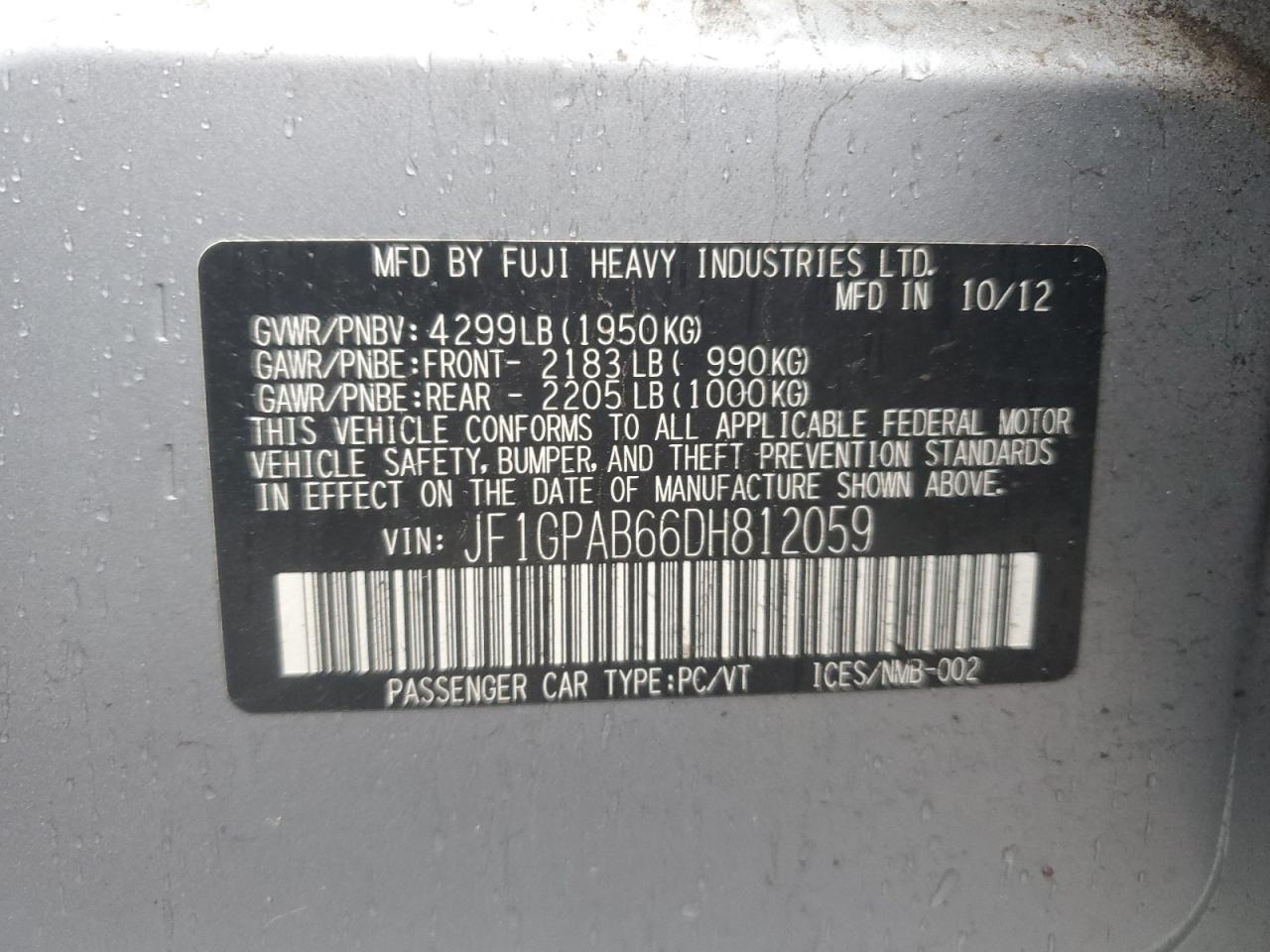 2013 Subaru Impreza VIN JF1GPAB66DH812059 Copart auction photo, all over damage thumbnail 13
