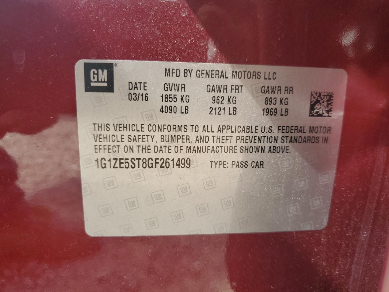 2016 Chevrolet Malibu VIN 1G1ZE5ST8GF261499 Copart auction photo, minor dent/scratches damage thumbnail 12