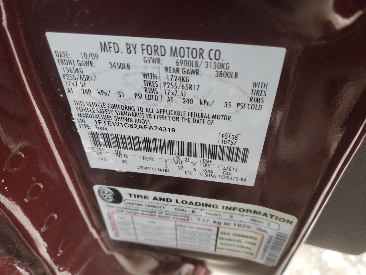 2010 Ford F-150 VIN 1FTEW1C82AFA74319 Copart auction photo, rear end / minor dent/scratches damage thumbnail 12