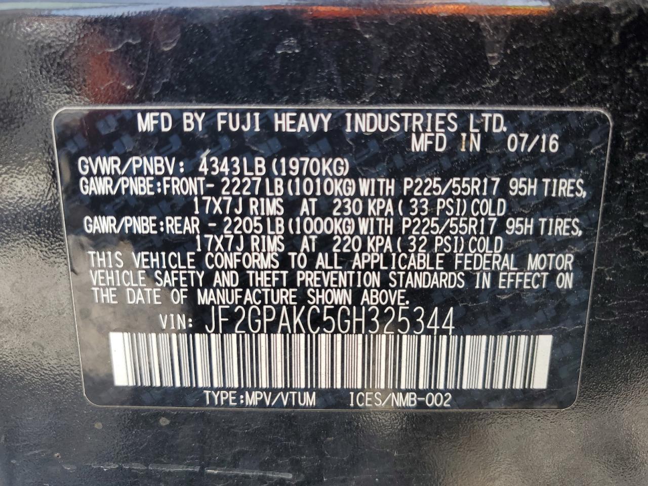 2016 Subaru XV VIN JF2GPAKC5GH325344 Copart auction photo, front end / minor dent/scratches damage thumbnail 15
