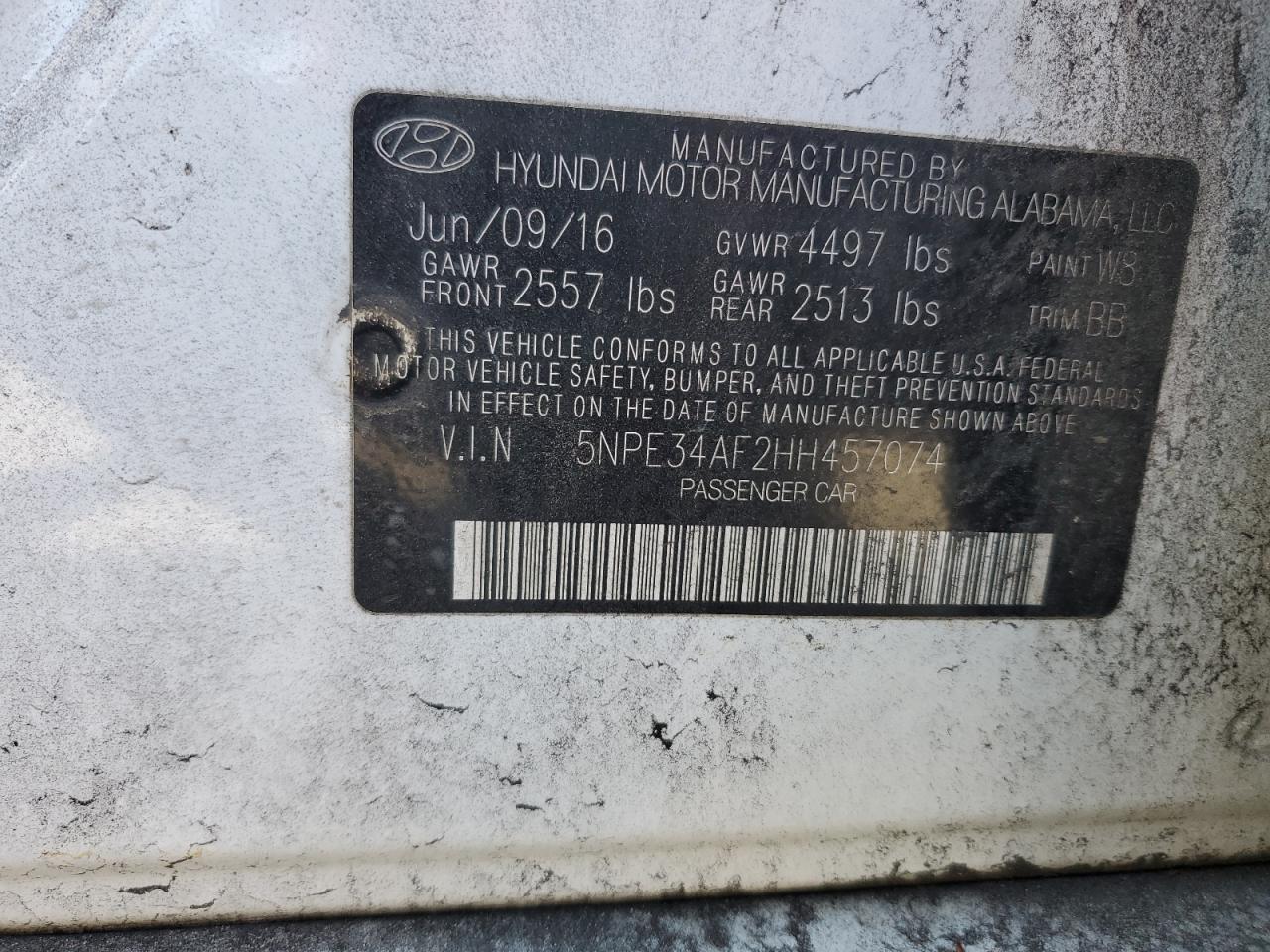 2017 Hyundai Sonata VIN 5NPE34AF2HH457074 Copart auction photo, rear end / front end damage thumbnail 15