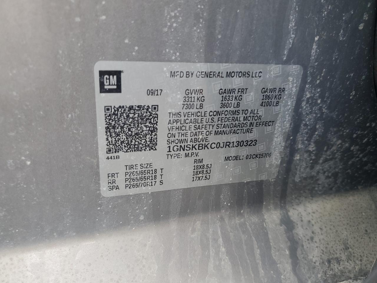2018 Chevrolet Tahoe VIN 1GNSKBKC0JR130323 Copart auction photo, front end / rear end damage thumbnail 14